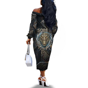 Sobek Egypt Off The Shoulder Long Sleeve Dress with Crocodile Head Water Symbolism Ancient Guardian