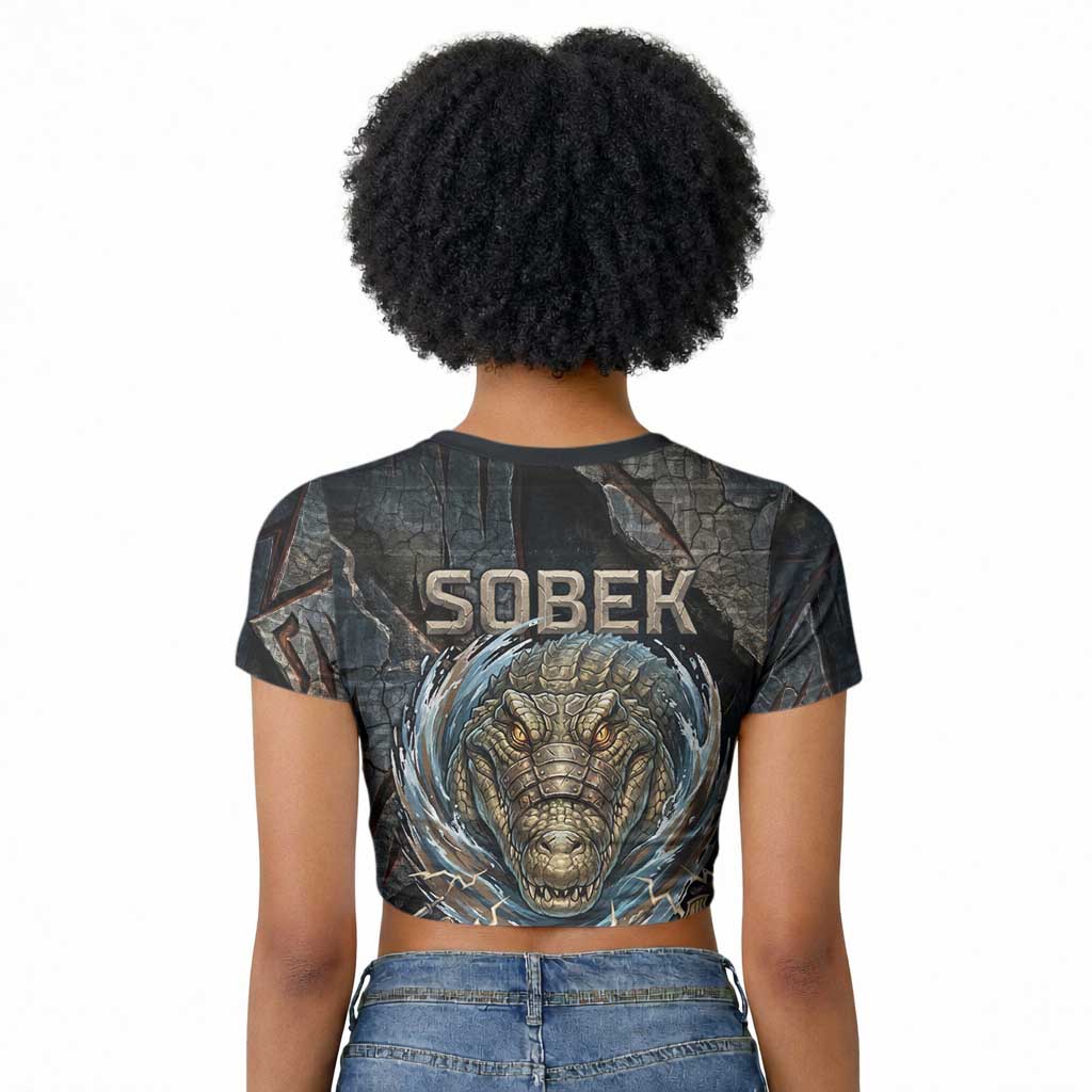 Sobek Egypt Raglan Cropped T shirt with Crocodile Head Water Symbolism Ancient Guardian