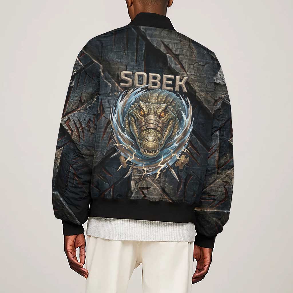 Sobek Egypt Sleeve Zip Bomber Jacket with Crocodile Head Water Symbolism Ancient Guardian