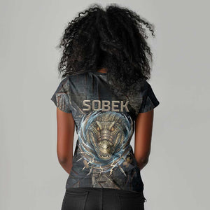 Sobek Egypt Women V-Neck T-Shirt with Crocodile Head Water Symbolism Ancient Guardian