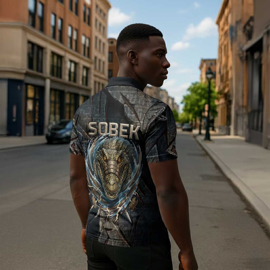 Sobek Egypt Zipper Polo Shirt with Crocodile Head Water Symbolism Ancient Guardian