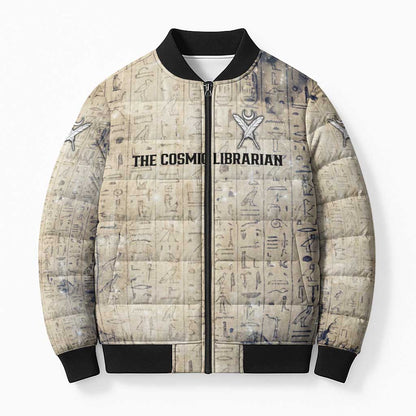 Thoth Bomber Puffer Jacket Ibis Head and Ancient Scroll Egyptian Wisdom