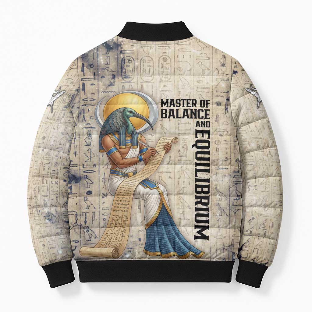 Thoth Bomber Puffer Jacket Ibis Head and Ancient Scroll Egyptian Wisdom