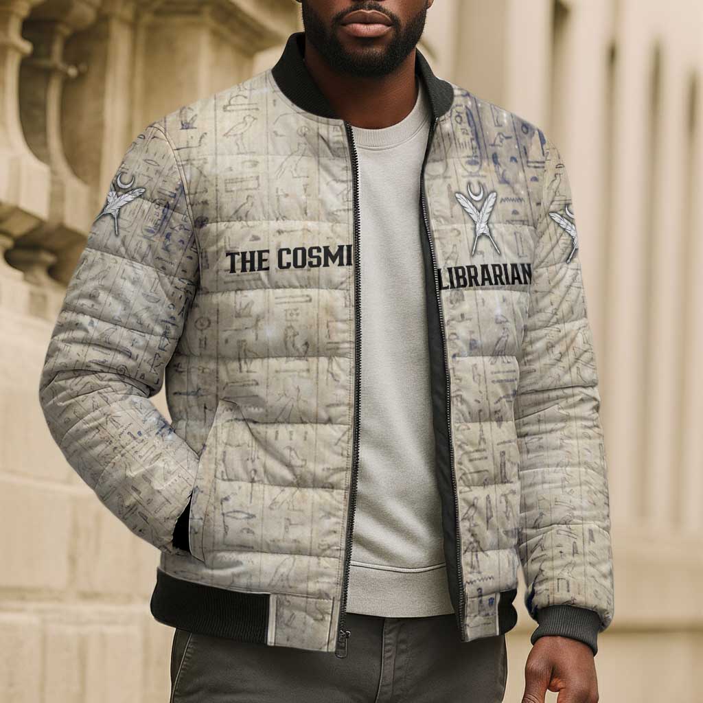 Thoth Bomber Puffer Jacket Ibis Head and Ancient Scroll Egyptian Wisdom