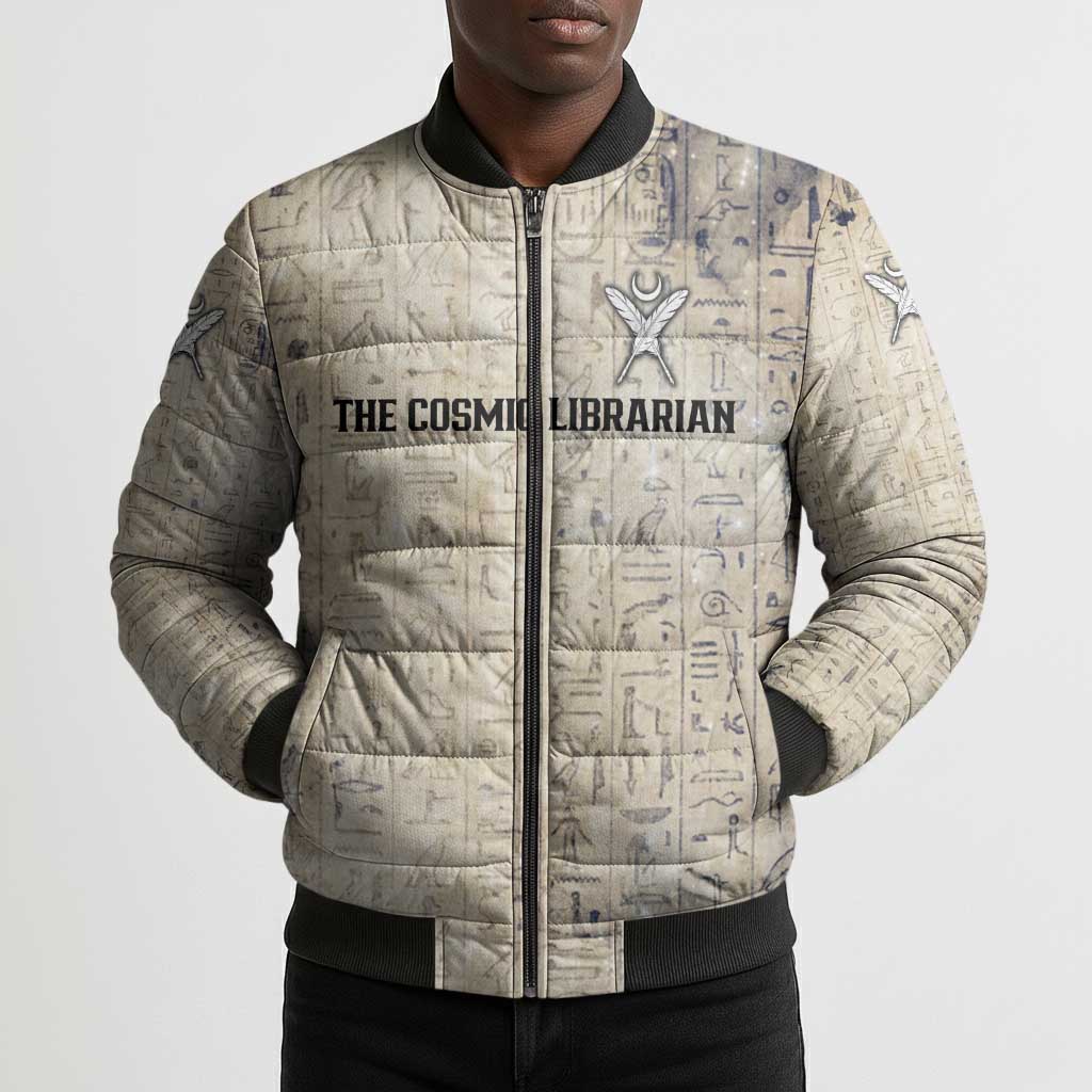 Thoth Bomber Puffer Jacket Ibis Head and Ancient Scroll Egyptian Wisdom