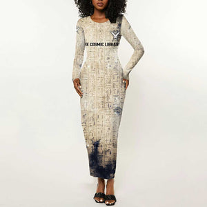 Thoth Long Sleeve Bodycon Dress Ibis Head and Ancient Scroll Egyptian Wisdom