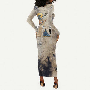 Thoth Long Sleeve Bodycon Dress Ibis Head and Ancient Scroll Egyptian Wisdom