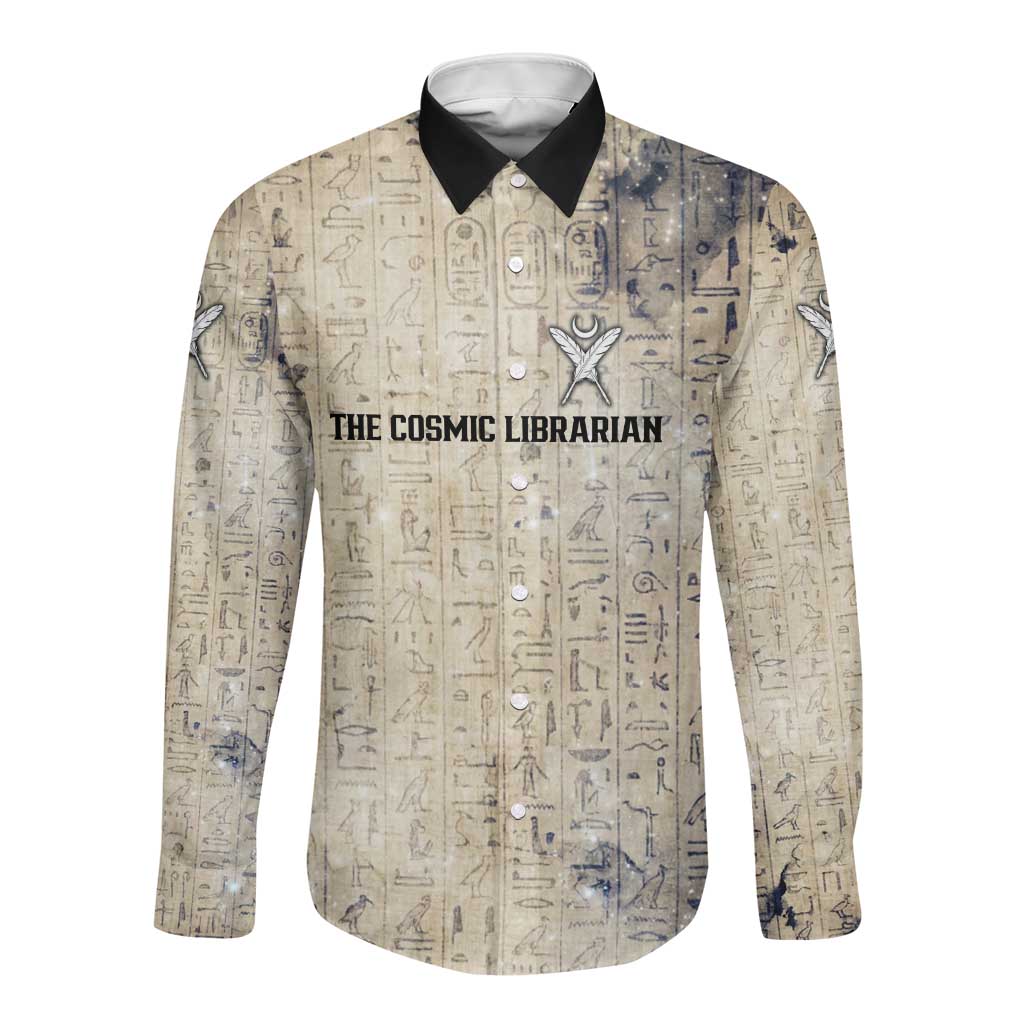 Thoth Long Sleeve Button Shirt Ibis Head and Ancient Scroll Egyptian Wisdom