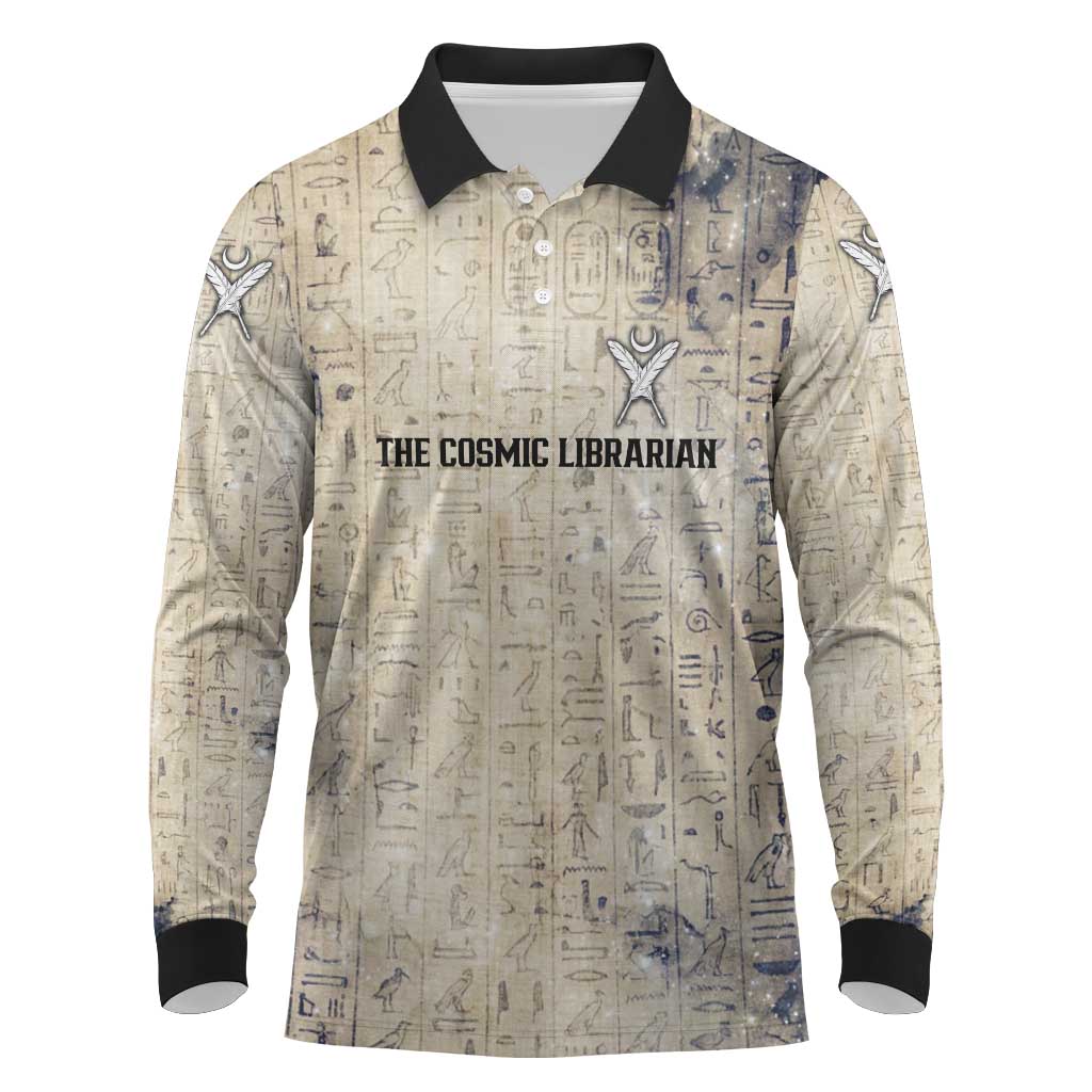 Thoth Long Sleeve Polo Shirt Ibis Head and Ancient Scroll Egyptian Wisdom