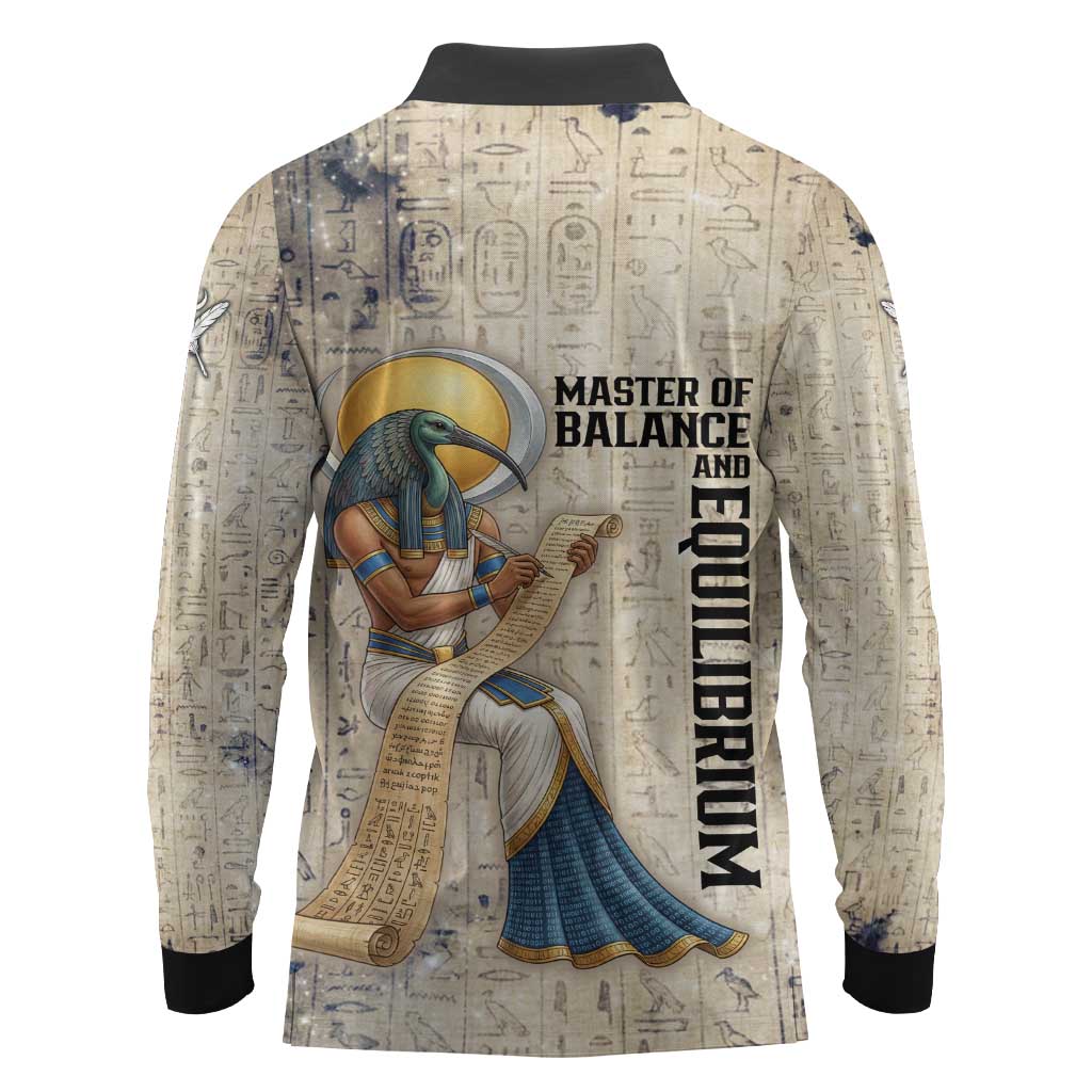Thoth Long Sleeve Polo Shirt Ibis Head and Ancient Scroll Egyptian Wisdom
