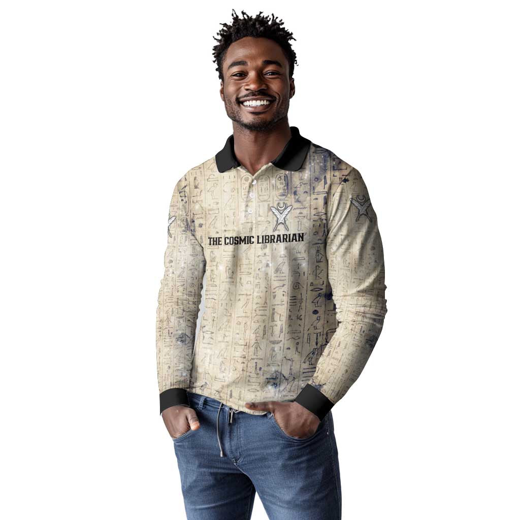 Thoth Long Sleeve Polo Shirt Ibis Head and Ancient Scroll Egyptian Wisdom