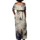 Thoth Off Shoulder Maxi Dress Ibis Head and Ancient Scroll Egyptian Wisdom