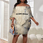 Thoth Off Shoulder Short Dress Ibis Head and Ancient Scroll Egyptian Wisdom