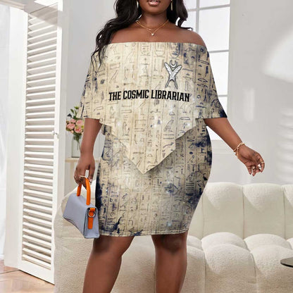 Thoth Off Shoulder Short Dress Ibis Head and Ancient Scroll Egyptian Wisdom