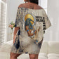 Thoth Off Shoulder Short Dress Ibis Head and Ancient Scroll Egyptian Wisdom