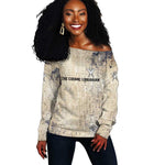 Thoth Off Shoulder Sweater Ibis Head and Ancient Scroll Egyptian Wisdom