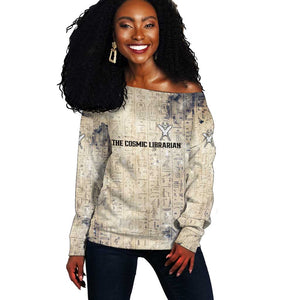 Thoth Off Shoulder Sweater Ibis Head and Ancient Scroll Egyptian Wisdom