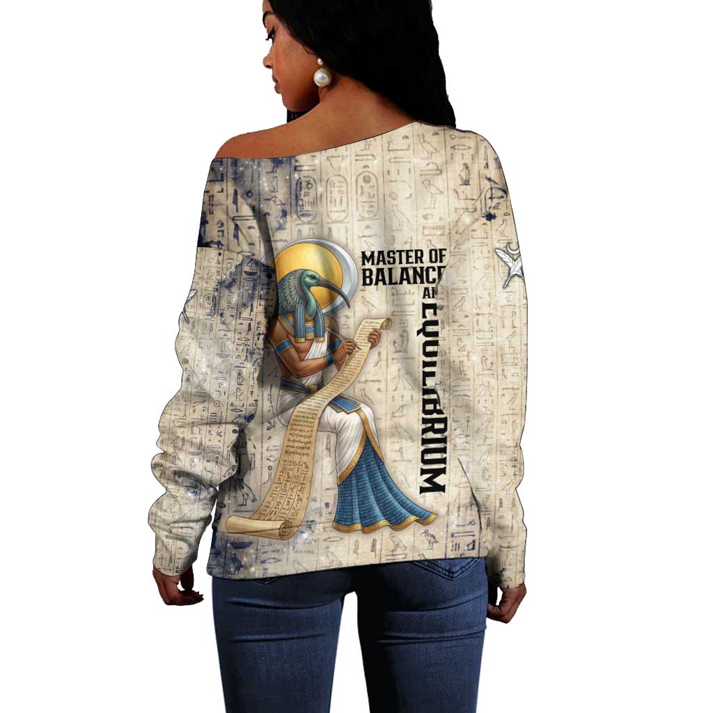 Thoth Off Shoulder Sweater Ibis Head and Ancient Scroll Egyptian Wisdom