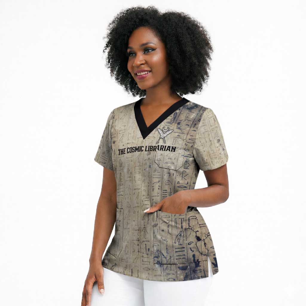 Thoth Scrub Top Ibis Head and Ancient Scroll Egyptian Wisdom
