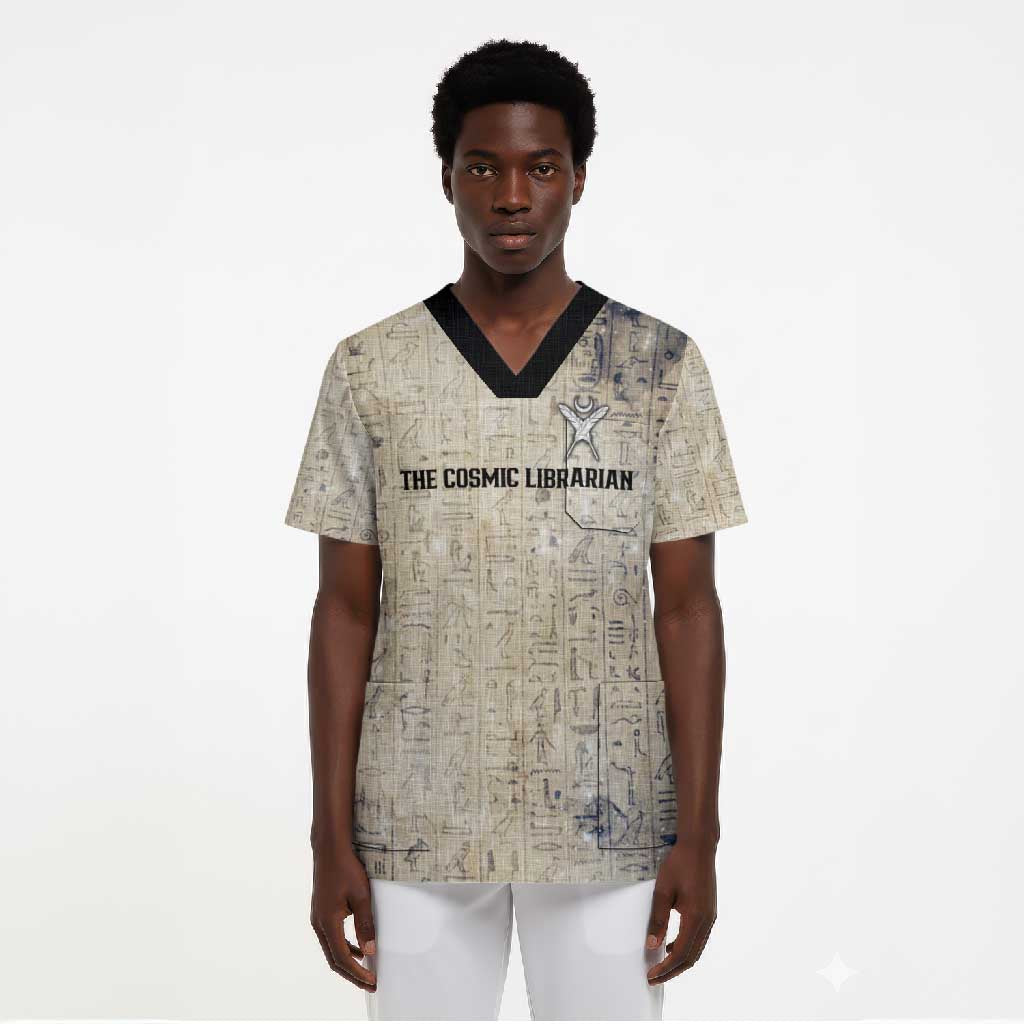 Thoth Scrub Top Ibis Head and Ancient Scroll Egyptian Wisdom