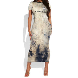 Thoth Short Sleeve Bodycon Dress Ibis Head and Ancient Scroll Egyptian Wisdom