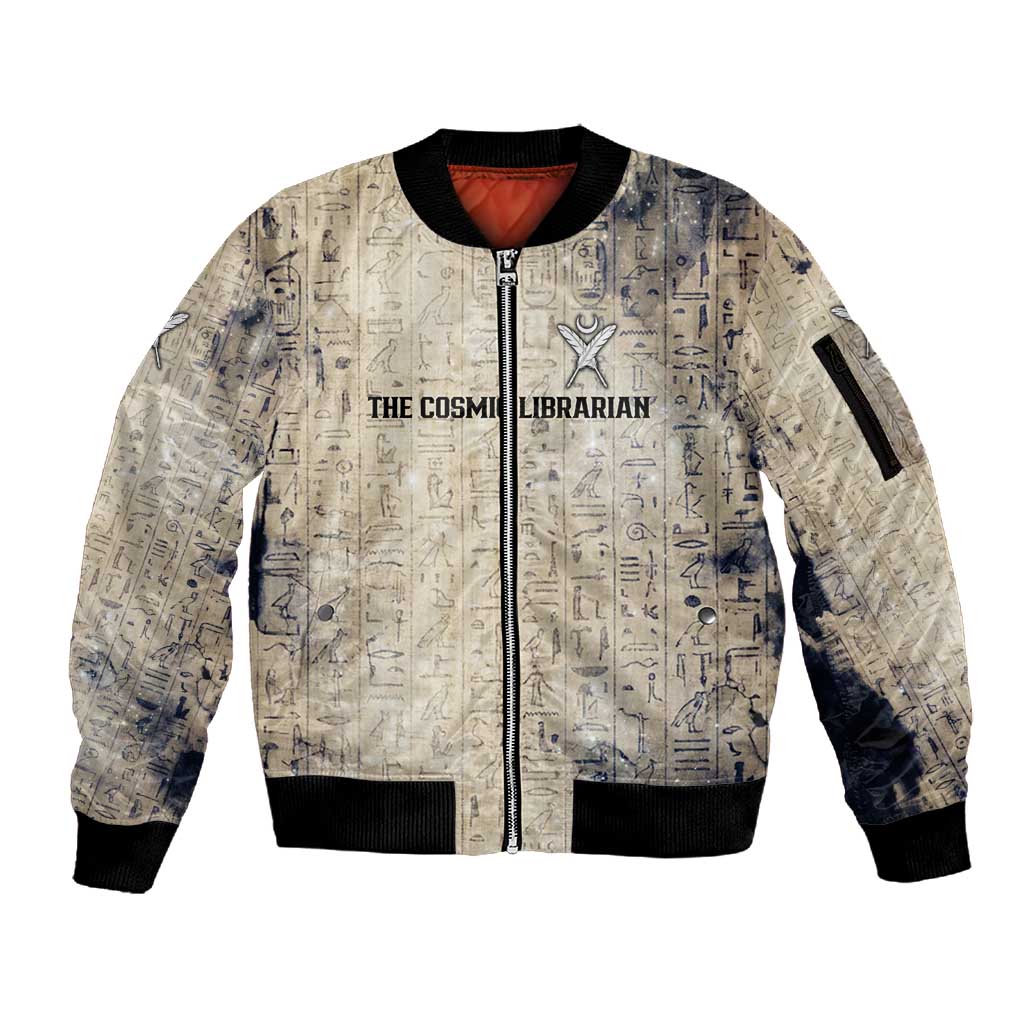 Thoth Sleeve Zip Bomber Jacket Ibis Head and Ancient Scroll Egyptian Wisdom