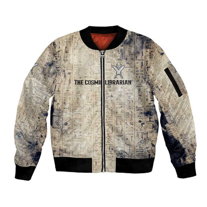 Thoth Sleeve Zip Bomber Jacket Ibis Head and Ancient Scroll Egyptian Wisdom