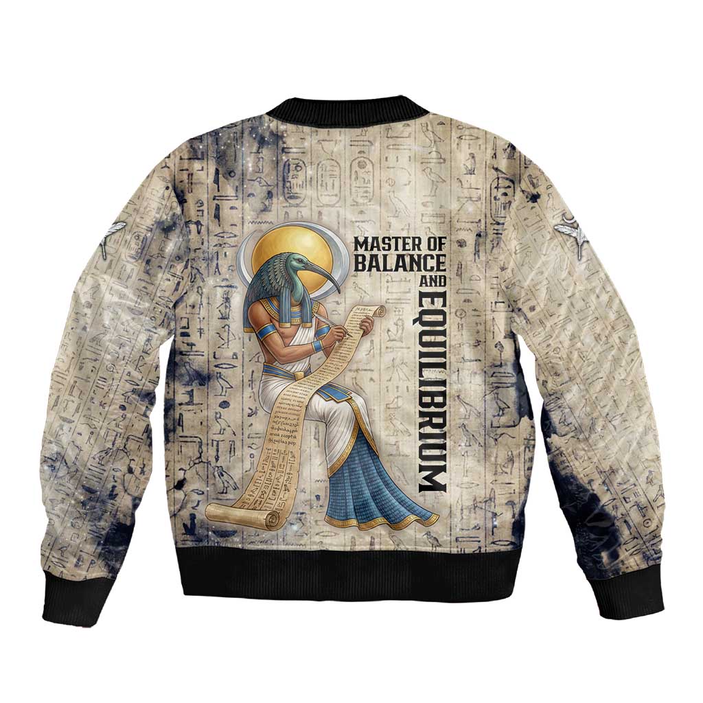 Thoth Sleeve Zip Bomber Jacket Ibis Head and Ancient Scroll Egyptian Wisdom
