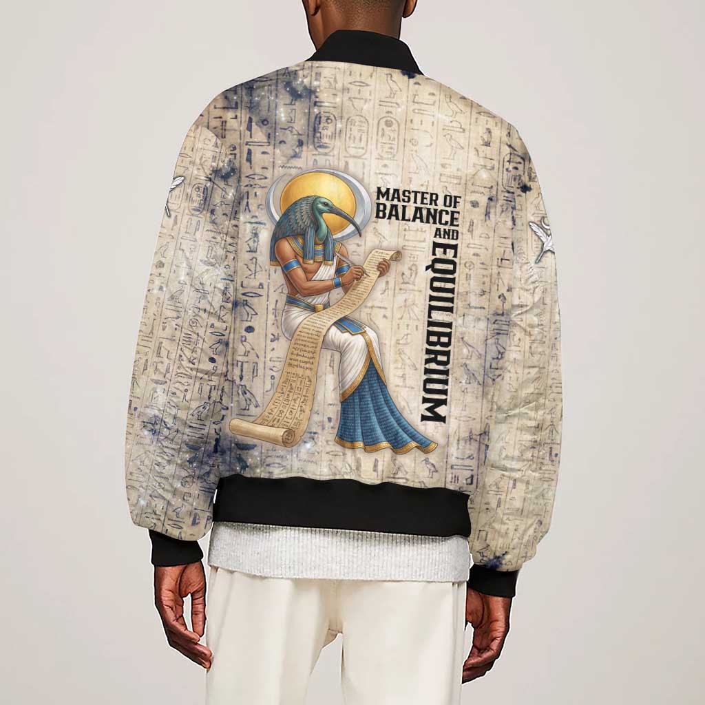 Thoth Sleeve Zip Bomber Jacket Ibis Head and Ancient Scroll Egyptian Wisdom
