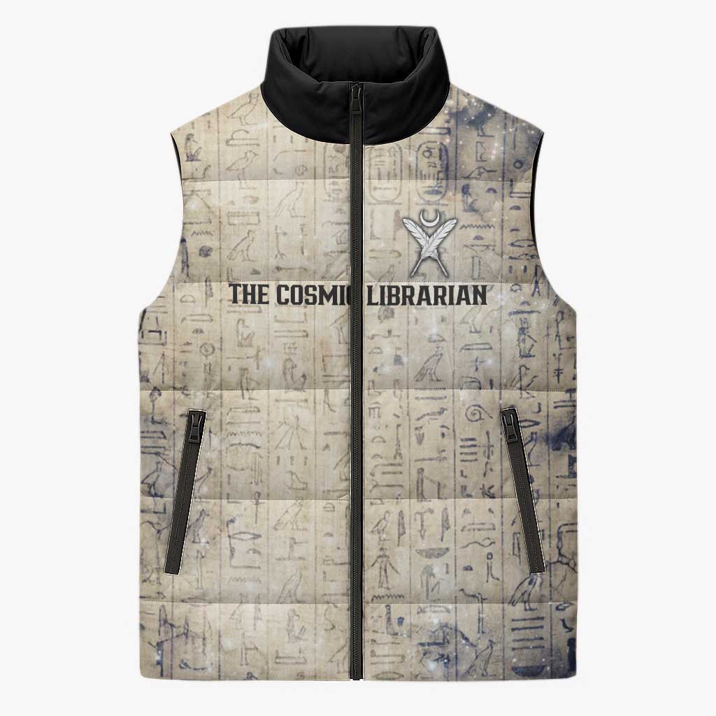 Thoth Sleeveless Puffer Jacket Ibis Head and Ancient Scroll Egyptian Wisdom