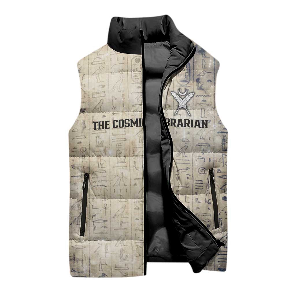 Thoth Sleeveless Puffer Jacket Ibis Head and Ancient Scroll Egyptian Wisdom