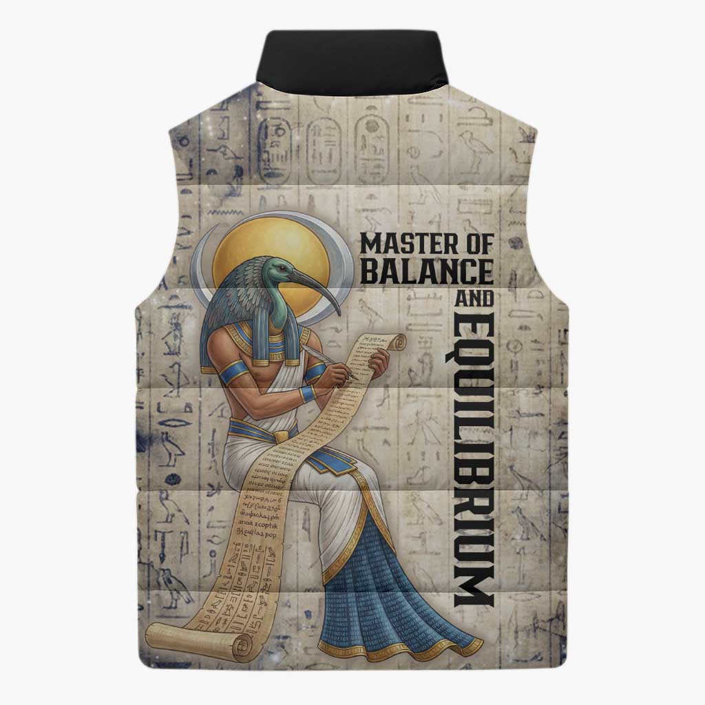 Thoth Sleeveless Puffer Jacket Ibis Head and Ancient Scroll Egyptian Wisdom