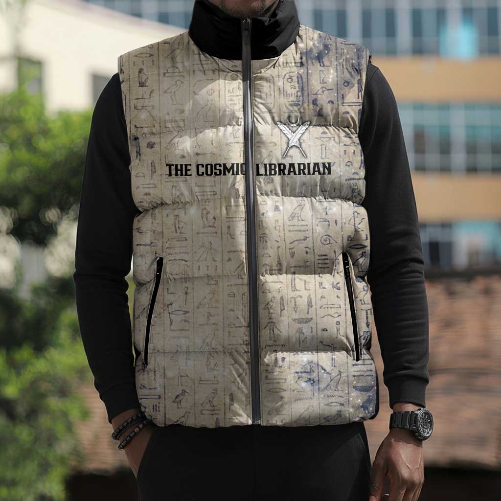 Thoth Sleeveless Puffer Jacket Ibis Head and Ancient Scroll Egyptian Wisdom