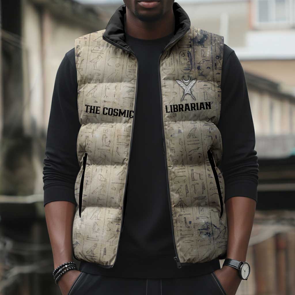Thoth Sleeveless Puffer Jacket Ibis Head and Ancient Scroll Egyptian Wisdom
