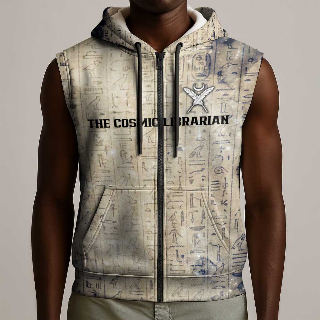 Thoth Sleeveless Zip Hoodie Ibis Head and Ancient Scroll Egyptian Wisdom