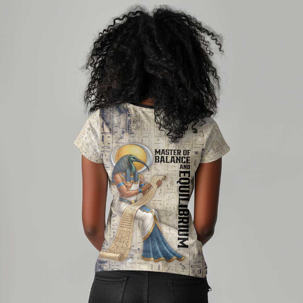 Thoth Women V-Neck T-Shirt Ibis Head and Ancient Scroll Egyptian Wisdom