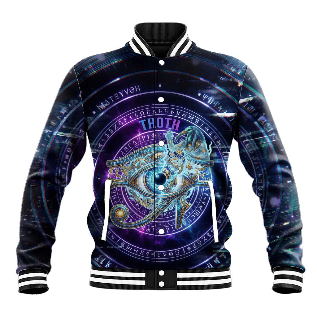 Thoth Ancient Egyptian Cosmic Baseball Jacket with Sacred Eye and Baboon Symbol Theme