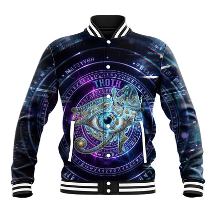 Thoth Ancient Egyptian Cosmic Baseball Jacket with Sacred Eye and Baboon Symbol Theme