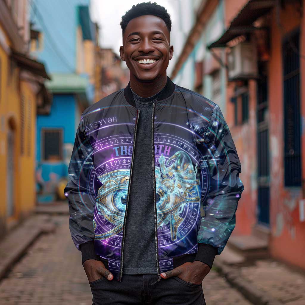 Thoth Ancient Egyptian Cosmic Bomber Jacket with Sacred Eye and Baboon Symbol Theme