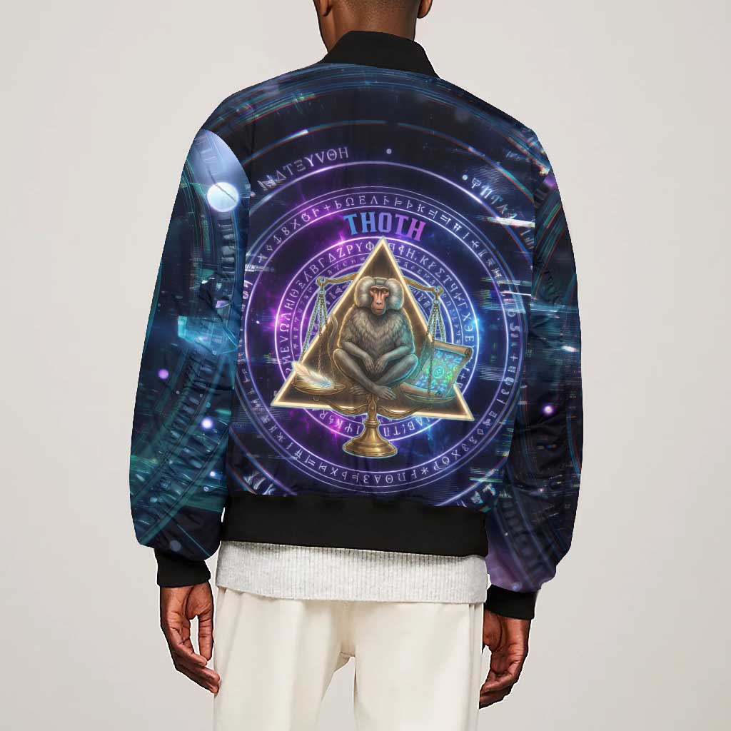 Thoth Ancient Egyptian Cosmic Bomber Jacket with Sacred Eye and Baboon Symbol Theme