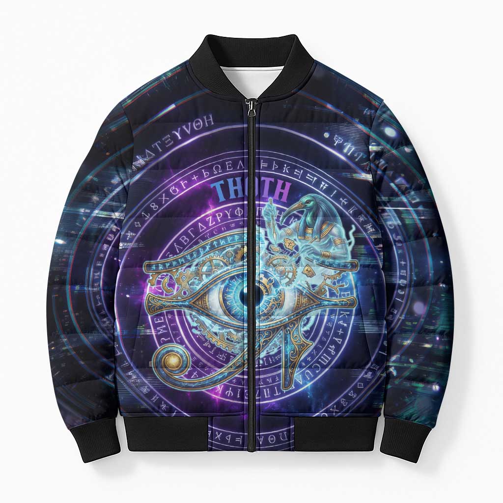 Thoth Ancient Egyptian Cosmic Bomber Puffer Jacket with Sacred Eye and Baboon Symbol Theme
