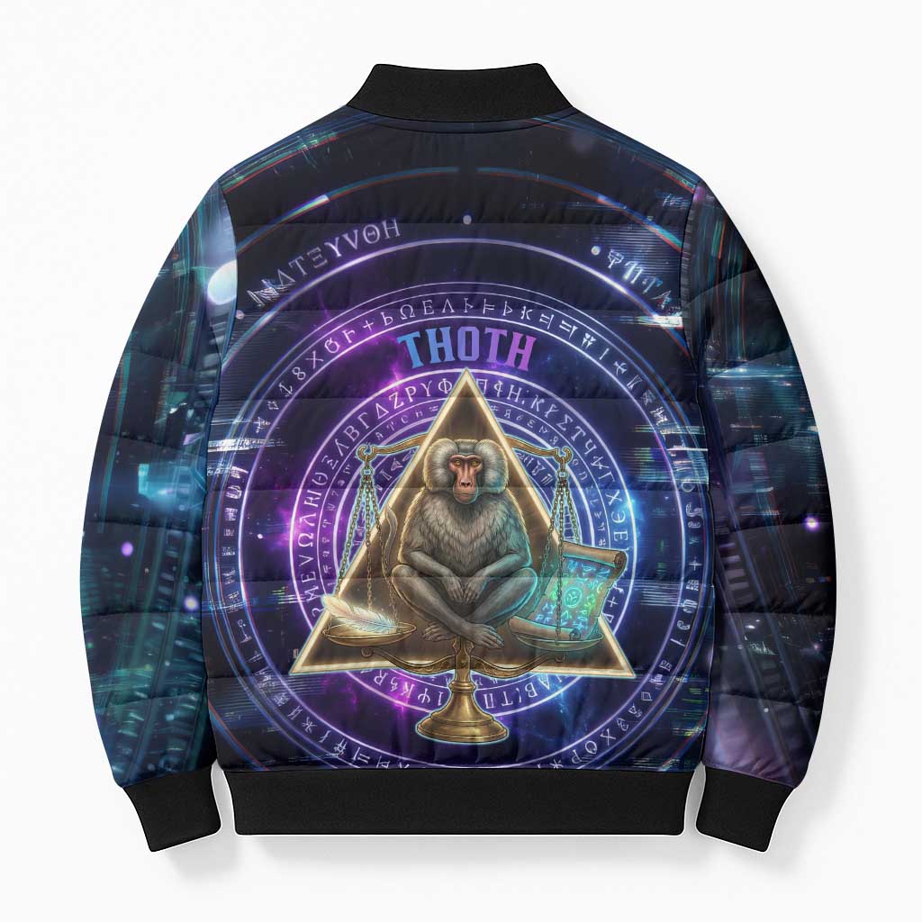 Thoth Ancient Egyptian Cosmic Bomber Puffer Jacket with Sacred Eye and Baboon Symbol Theme