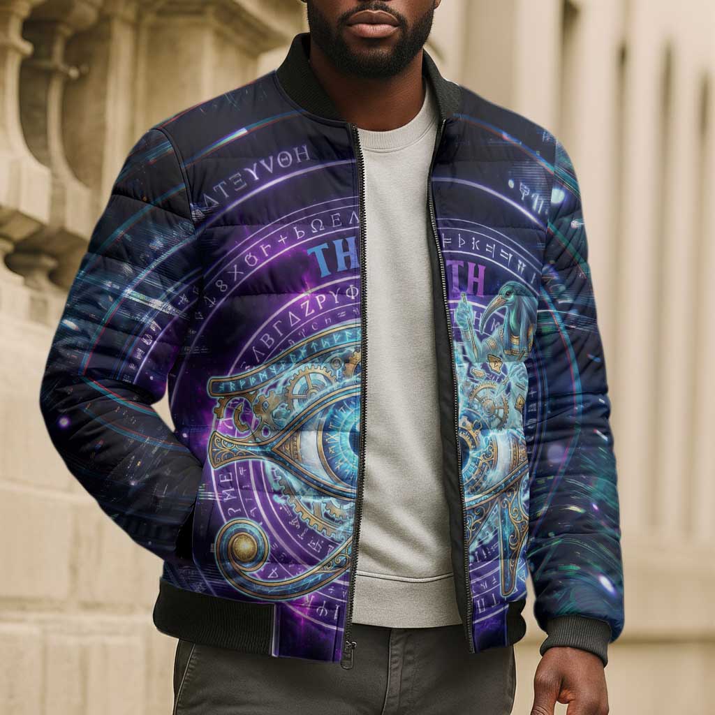 Thoth Ancient Egyptian Cosmic Bomber Puffer Jacket with Sacred Eye and Baboon Symbol Theme