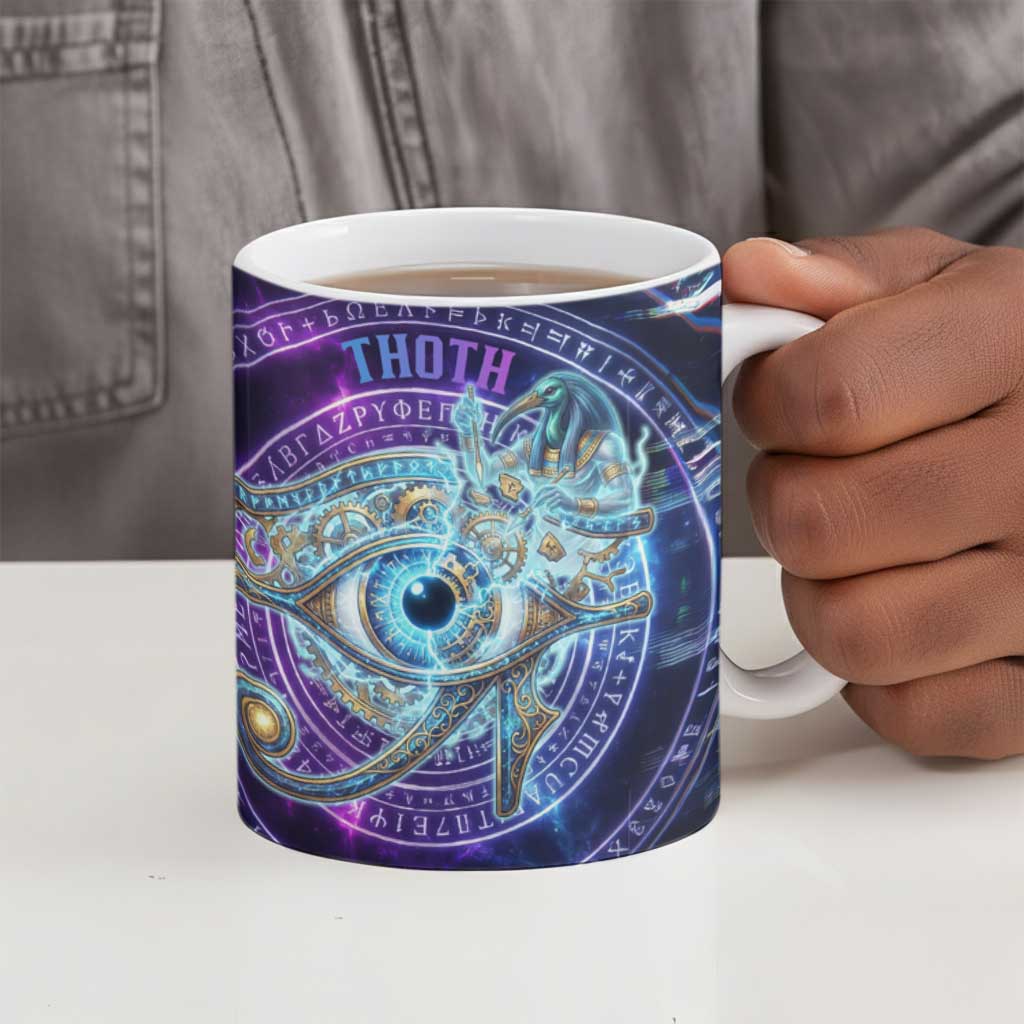 Thoth Ancient Egyptian Cosmic Ceramic Mug with Sacred Eye and Baboon Symbol Theme