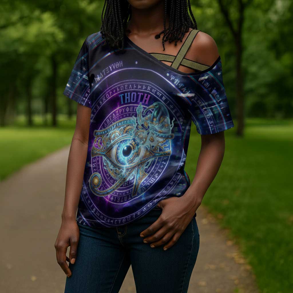 Thoth Ancient Egyptian Cosmic Cross Shoulder Shirt with Sacred Eye and Baboon Symbol Theme