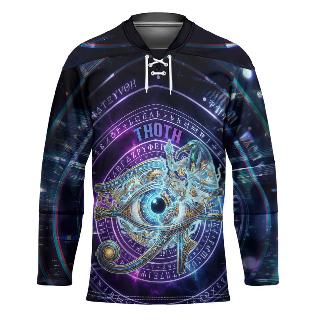 Thoth Ancient Egyptian Cosmic Hockey Jersey with Sacred Eye and Baboon Symbol Theme