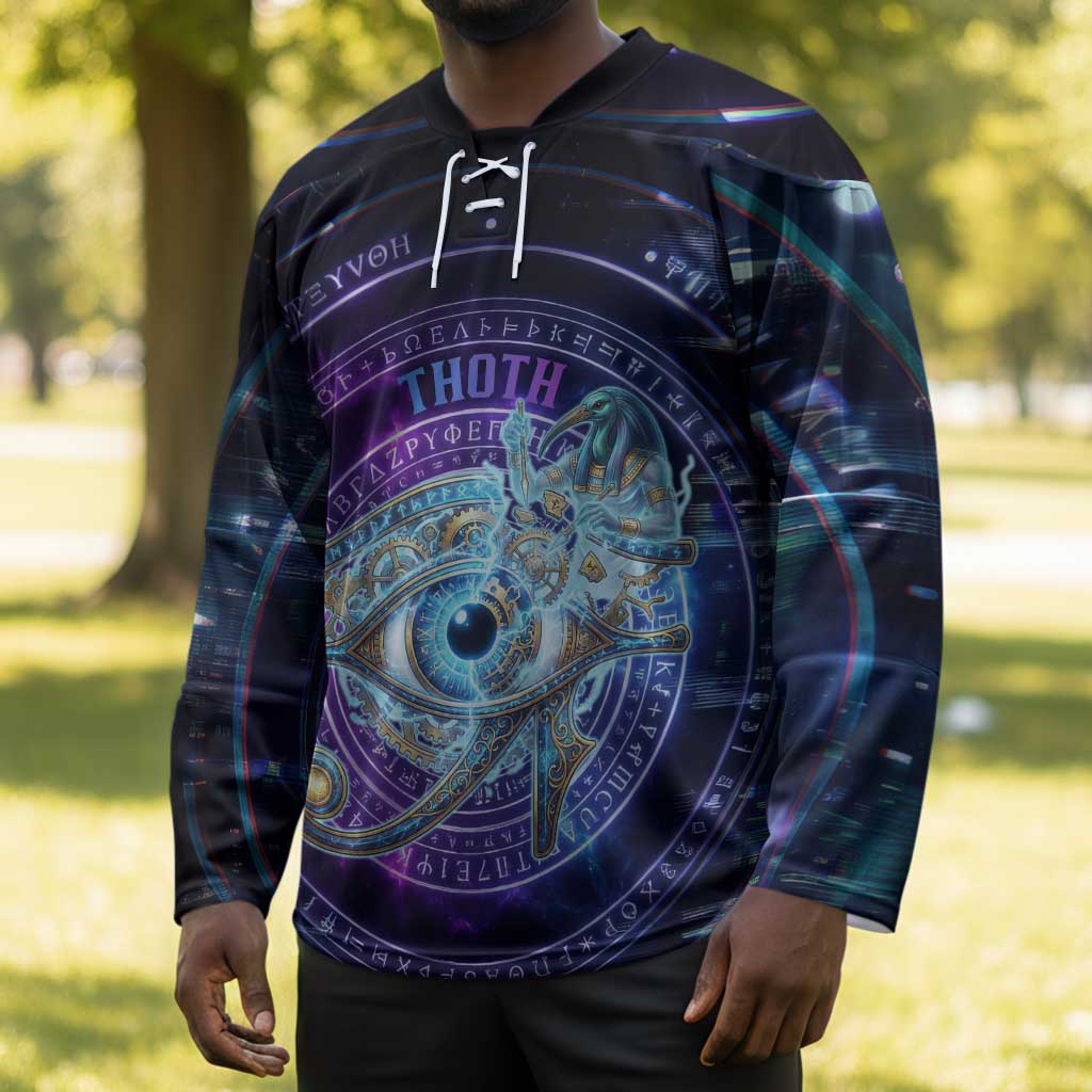 Thoth Ancient Egyptian Cosmic Hockey Jersey with Sacred Eye and Baboon Symbol Theme