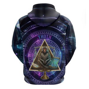 Thoth Ancient Egyptian Cosmic Hoodie with Sacred Eye and Baboon Symbol Theme