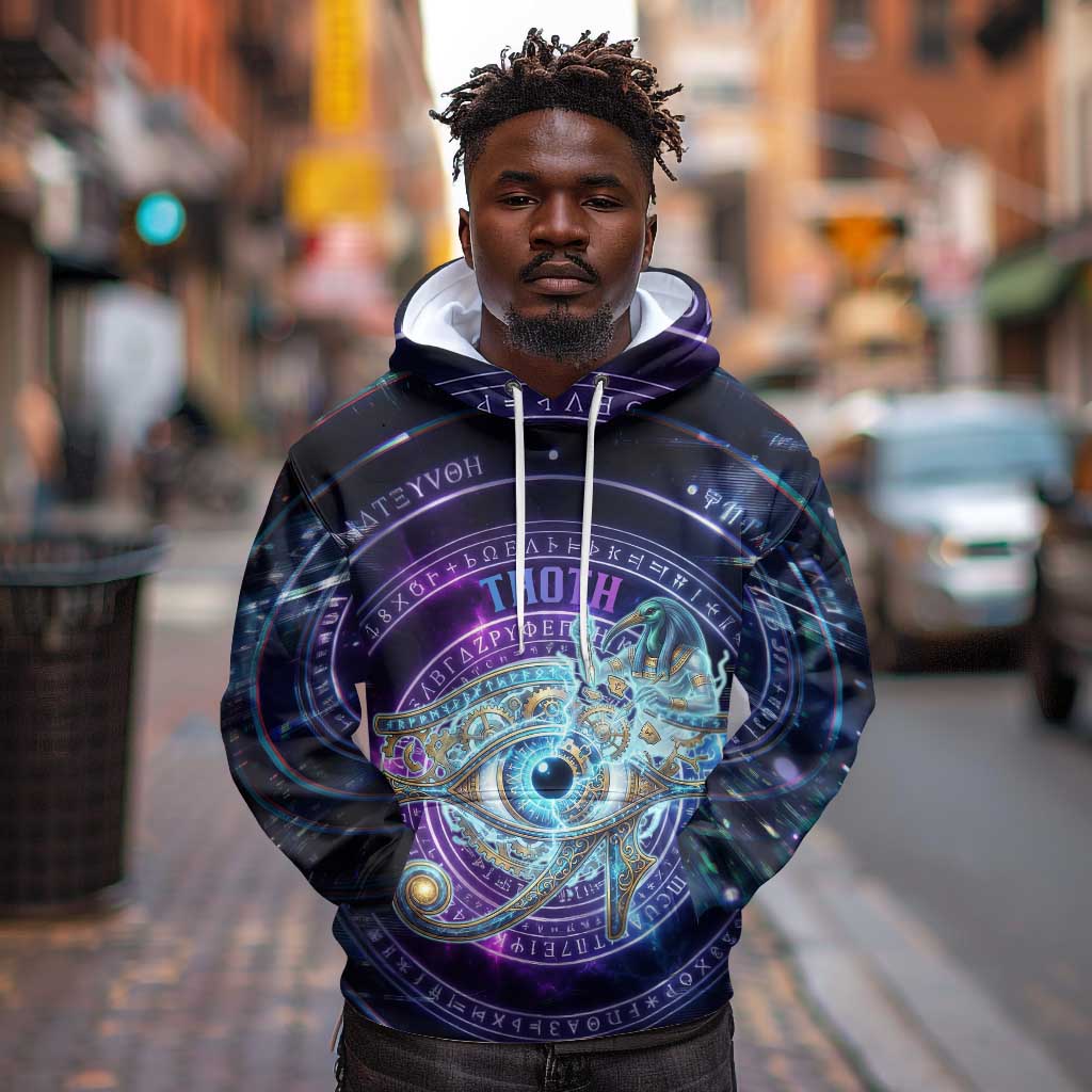 Thoth Ancient Egyptian Cosmic Hoodie with Sacred Eye and Baboon Symbol Theme