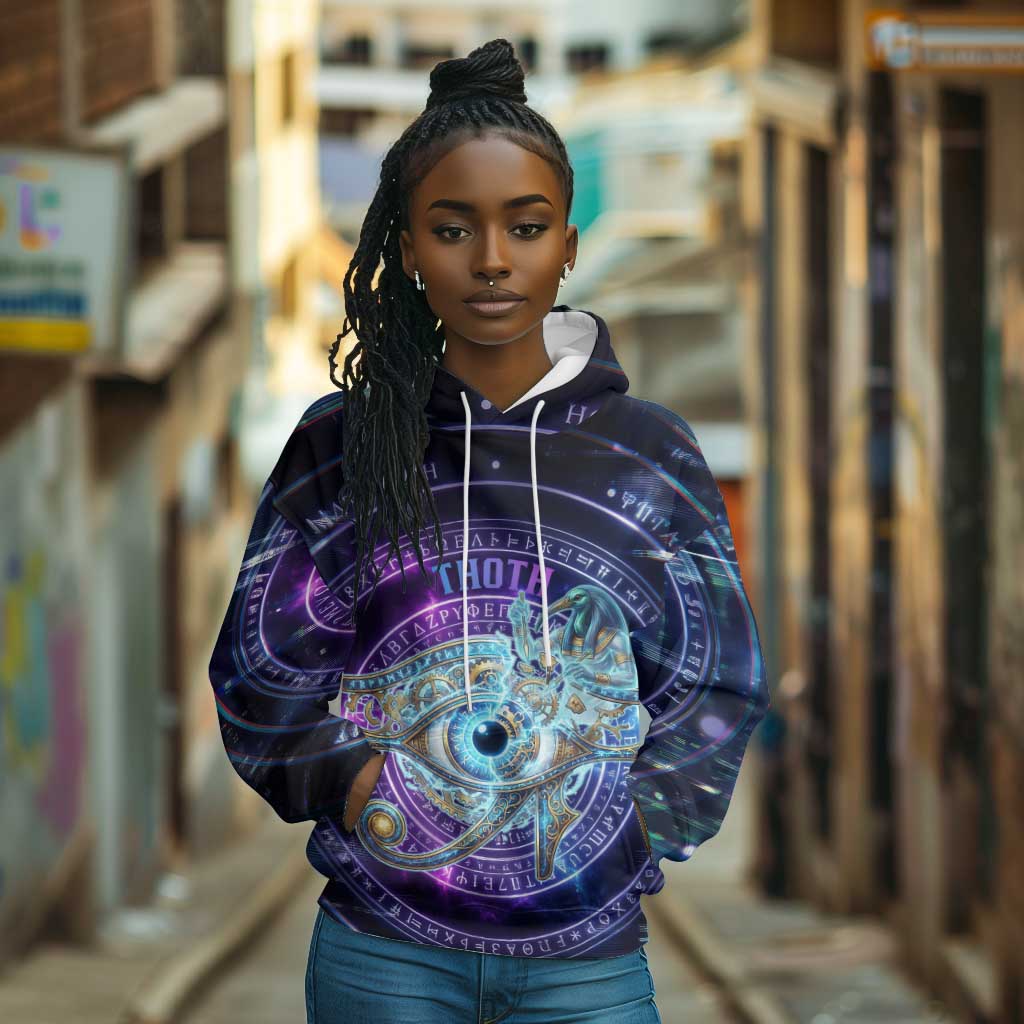 Thoth Ancient Egyptian Cosmic Hoodie with Sacred Eye and Baboon Symbol Theme